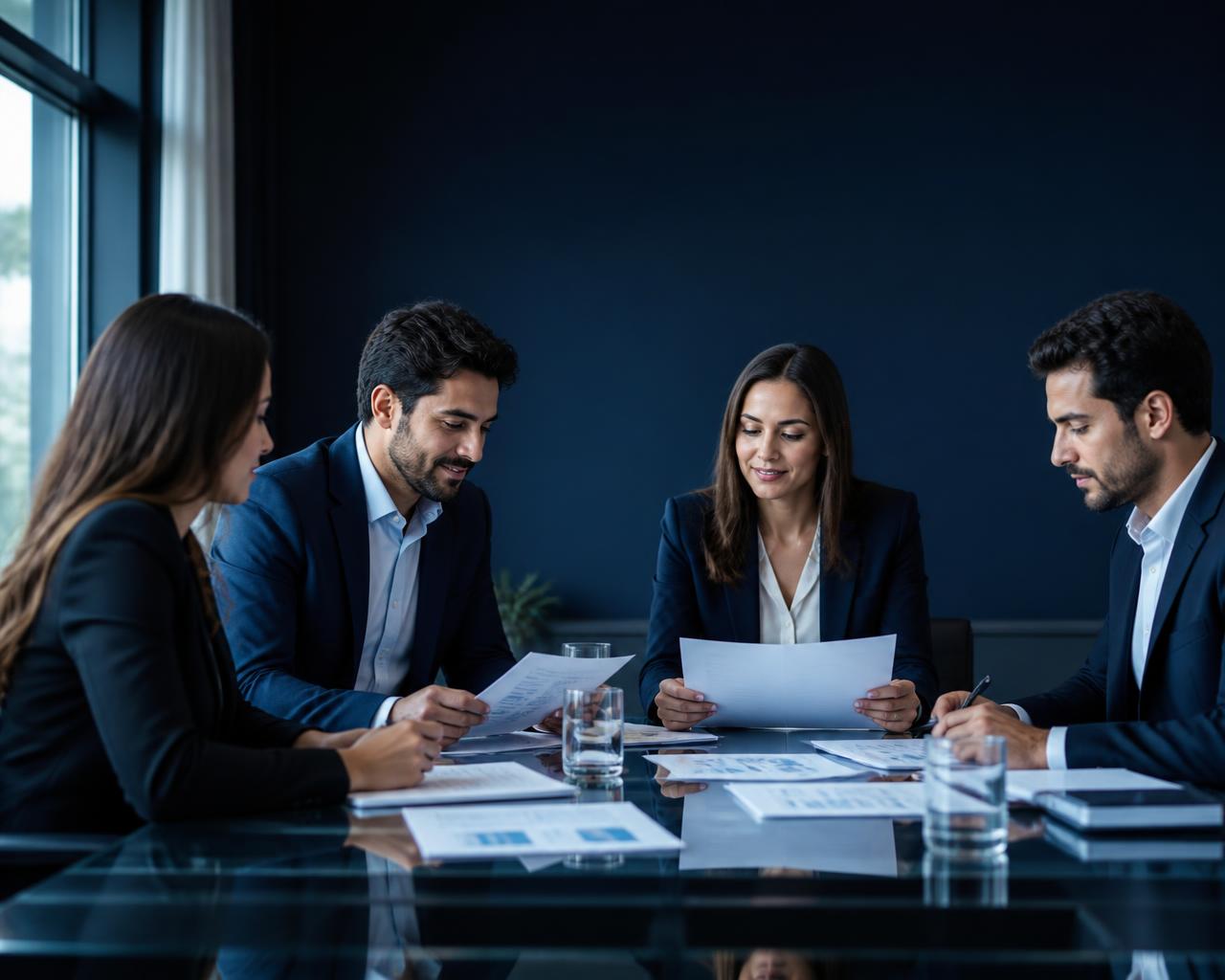 Equipe de especialistas analisando documentos de cobrança em uma sala de reunião